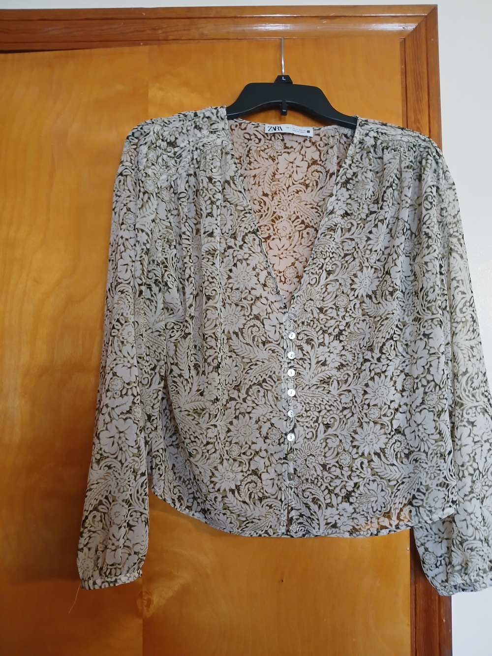 Zara Beige Floral Lace-Effect Button Front Blouse